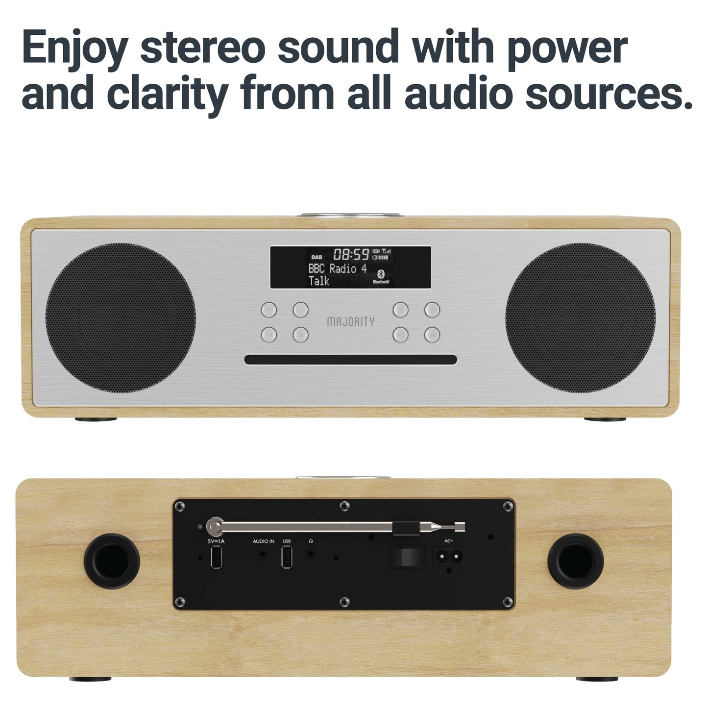 Majority Oakington Bluetooth Hi-Fi Compact Stereo System FM CD DAB Radio Oak