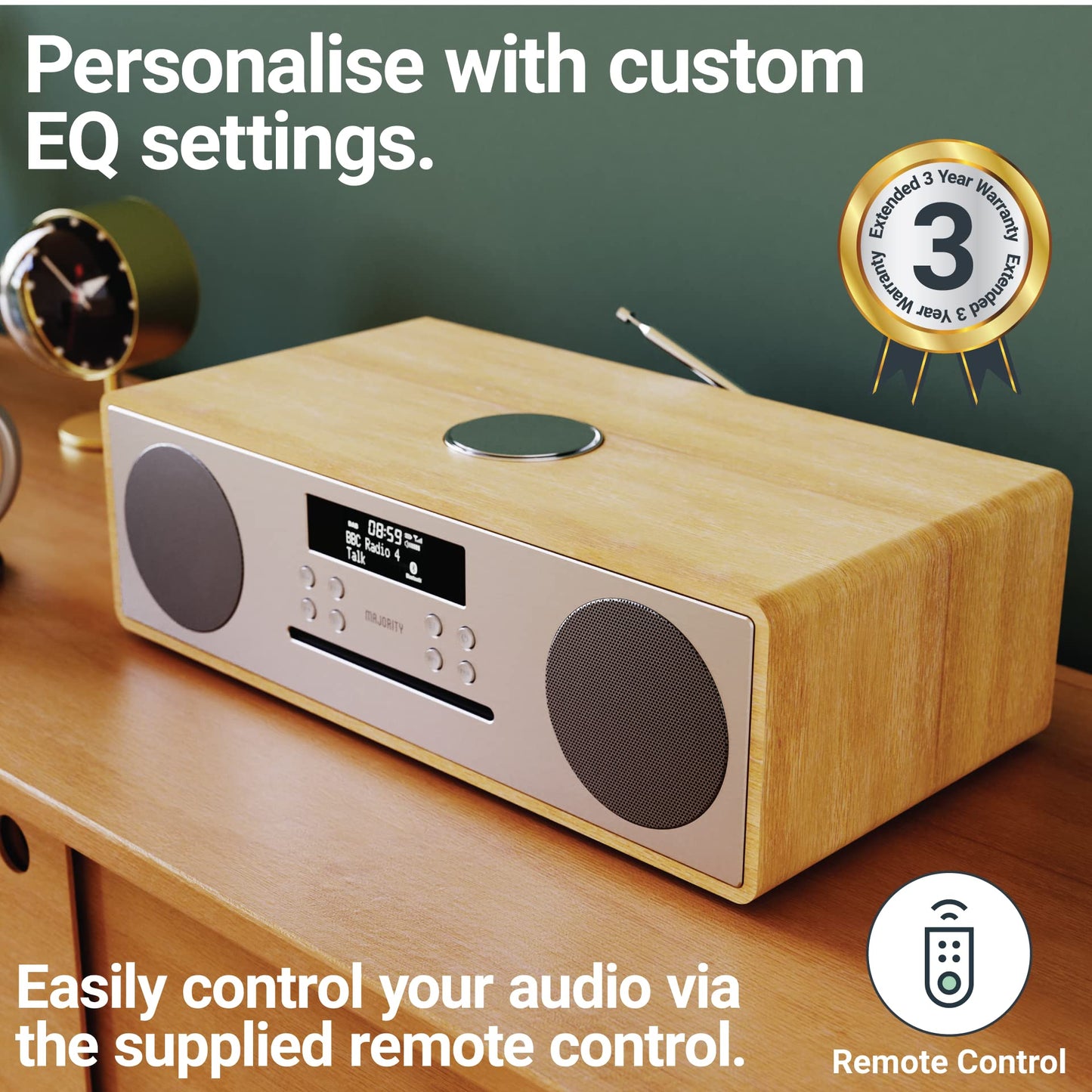 Majority Oakington Bluetooth Hi-Fi Compact Stereo System FM CD DAB Radio Oak