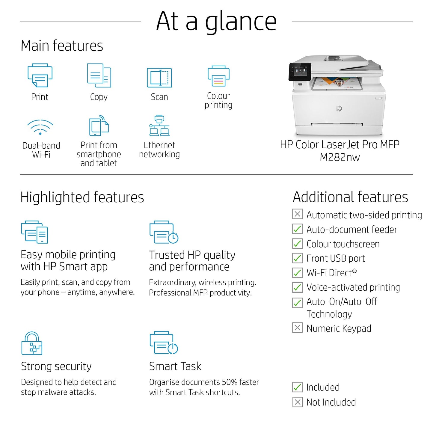 HP Color LaserJet Pro MFP M282nw, Color, Printer for Print, Copy, Scan, Front-facing USB printing; Scan to email; 50-sheet uncurled ADF