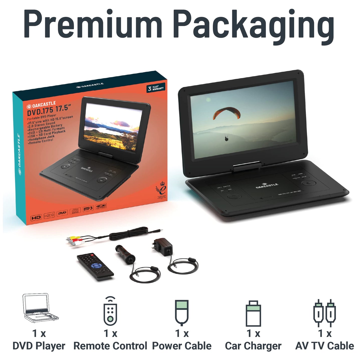 Oakcastle DVD175 17.5" Rechargeable Portable DVD Player 15.6 inch HD Swivel Flip Screen