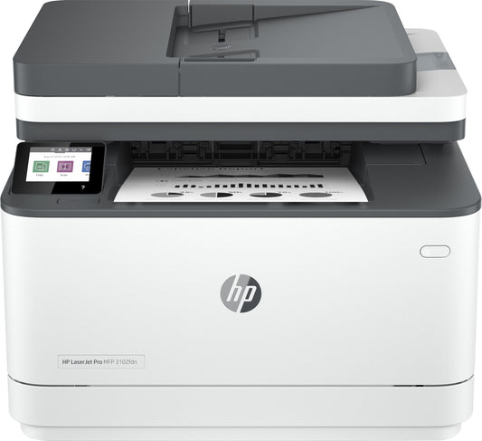 HP LaserJet Pro MFP 3102fdn Printer, Black and white, Printer for Small medium business, Print, copy, scan, fax, Automatic document feeder; Two-sided printing; Front USB flash drive port; Touchscreen