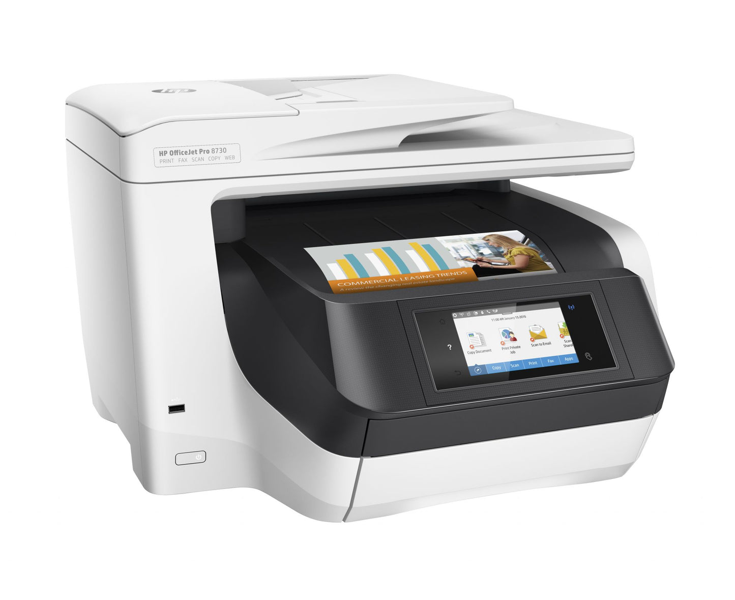 HP OfficeJet Pro 8730 All-in-One Printer, Color, Printer for Home, Print, copy, scan, fax, 50-sheet ADF; Front-facing USB printing; Scan to email/PDF; Two-sided printing