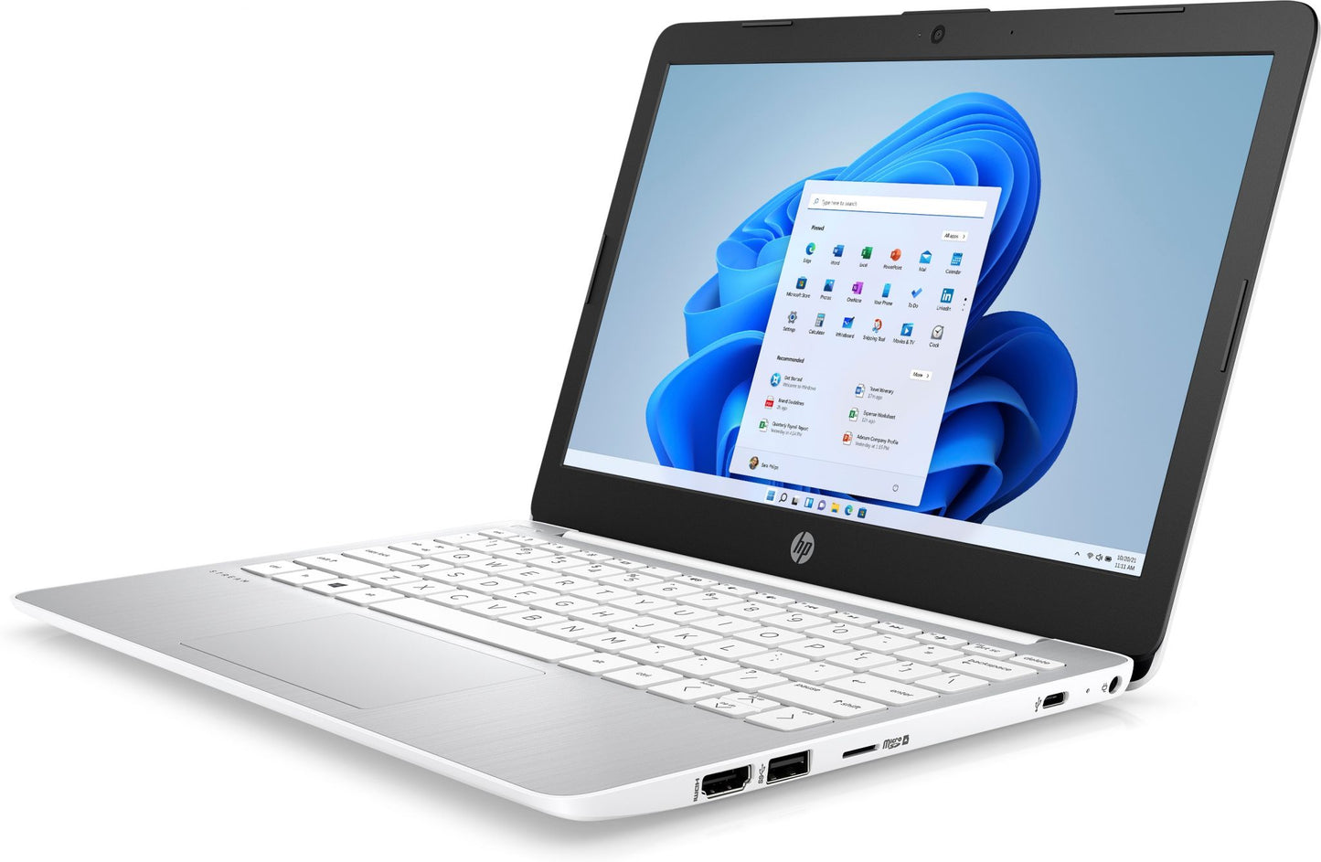 HP Stream 11-ak0027na Laptop 29.5 cm (11.6") HD Intel® Celeron® N4120 4 GB DDR4-SDRAM 64 GB eMMC Wi-Fi 5 (802.11ac) Windows 11 Home in S mode Silver, White