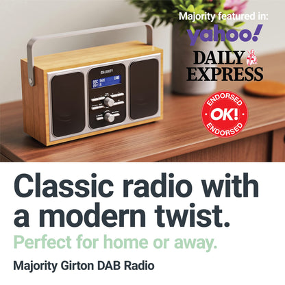 Majority Girton II DAB Radio Portable FM Dual Alarm Stereo Speakers Audio Oak