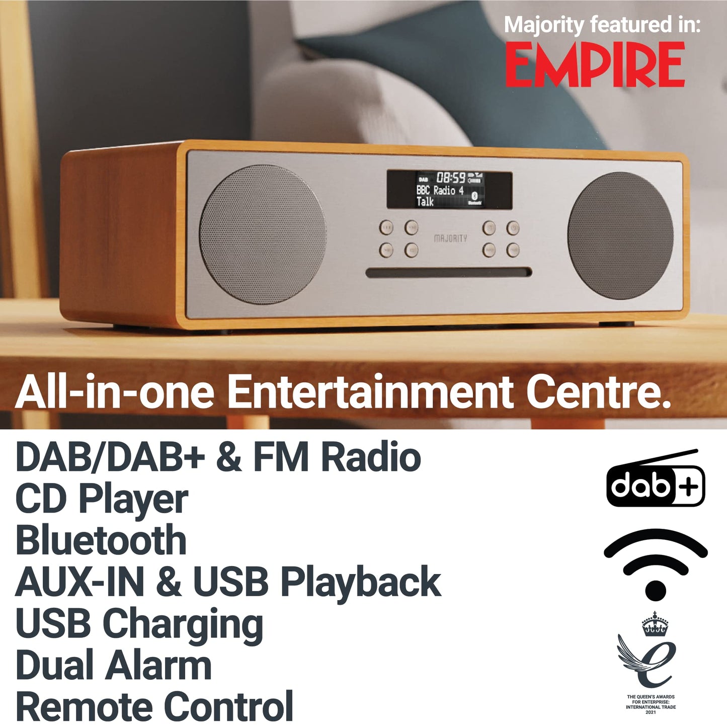 Majority Oakington Bluetooth Hi-Fi Compact Stereo System CD FM DAB Radio Oak